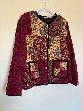 Vtg Analogy Patchwork Floral Jacket Women’s Sz L Applique Artsy Tapestry Pockets